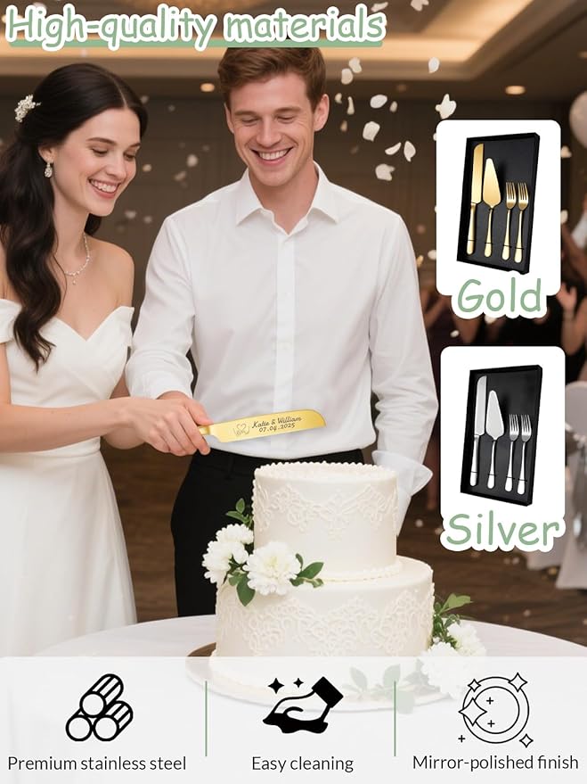 HJX Personalized Cake Knife and Server Set for Wedding - Engraved Stainless Steel Cake Cutting Set, Custom Elegant Cake Cutter Gift for Anniversary Birthday (05-Gift Box Gold)