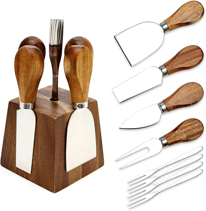 9 Pack Cheese Knives with Holder Acacia Wood Charcuterie Serving Utensils Supplies Cheese Knife Set for Charcuterie Board Accessories Cheese Tools Gift Mini Butter Knife Spreader Slicer Fork