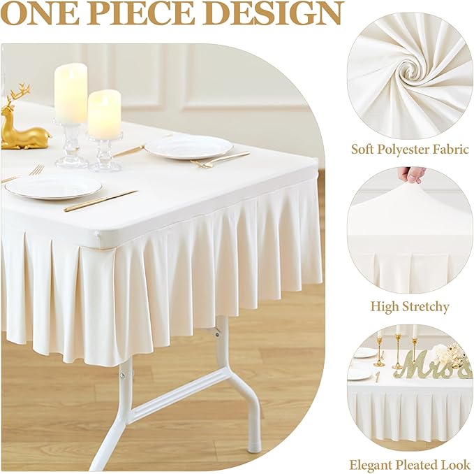 Wish Care 2 Pack Ivory Spandex Tablecloth for 8 Foot Rectangle Tables Wrinkle Free Ruffle Table Cloth Stretch Fitted Table Cover Skirt for Wedding Birthday Parties Banquet Dining Outdoor Tablecloth