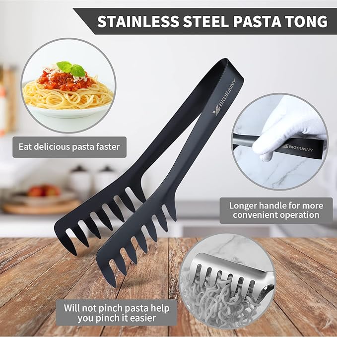 MSY BIGSUNNY 8-Inch Pasta Tongs, Stainless Steel Food Serving Tongs, Rust-Proof Spaghetti Tongs (Set of 2, Black)