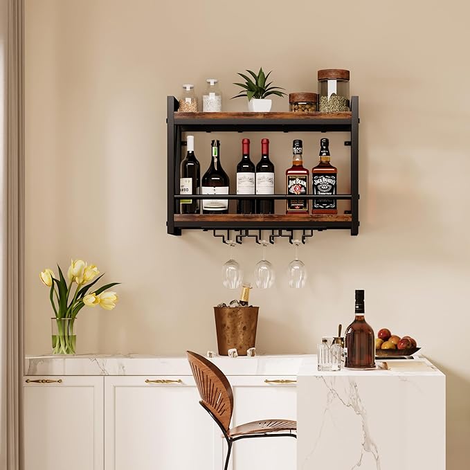 Homeiju Wall Mounted Wine Rack, Bottle & Glass Holder Wood-Metal Retro Wine Rack, Wine Bottles Display Wall Storage for Kitchen Dining Room Home Bar