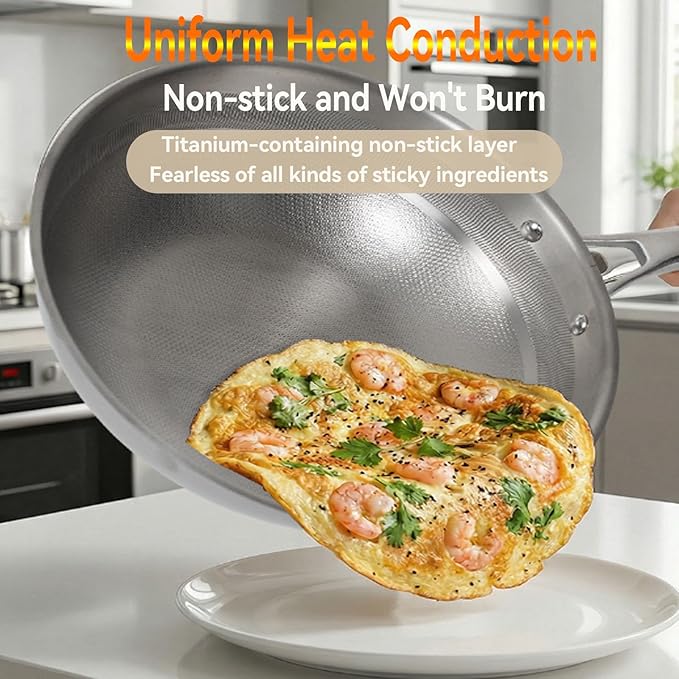 Titanium Hammered Wok Pure with Lid, No Coating Non-Stick Titanium Cookware, Frying Pans, Hammered Pan, Ultra-Durable, Scratch-Resistant, Safe for Oven, Induction & Cooktops Up To 750째F,12.59i