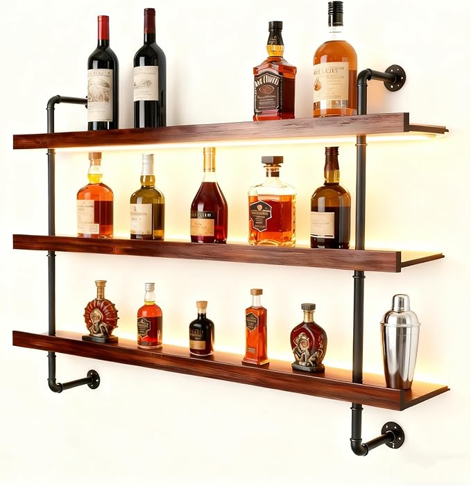 47.2in Large Wine Rack Wall Mounted, 3-Tier Floating Liquor Bottles Shelving with Light Wooden Storage Organizer Display for Kitchen, Bar, Dining Room, Cafe