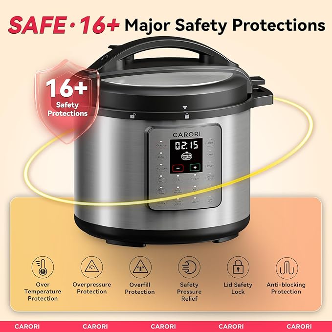 1200W 12-in-1 Electric Pressure Cooker 8Qt, Stainless Steel Pressure Cooker, Slow Cook Rice Cooker Steamer Saut챕, Yogurt Maker, Warmer & Sterilizer with Recipe, Safer Venting Design, Sliver