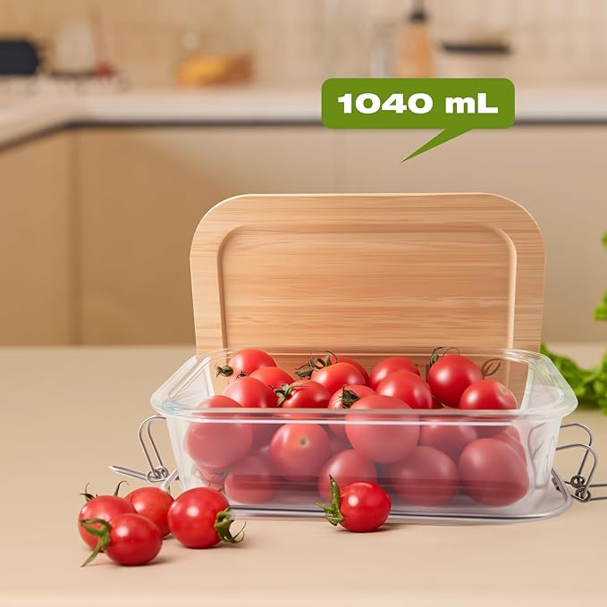 Airtight Glass Food Storage Containers with Bamboo Lids, Set of 2 Secure-Seal Containers for Meal Prep, 100% Leakproof, Plastic Free, Oven & Microwave Safe (2 Pack)