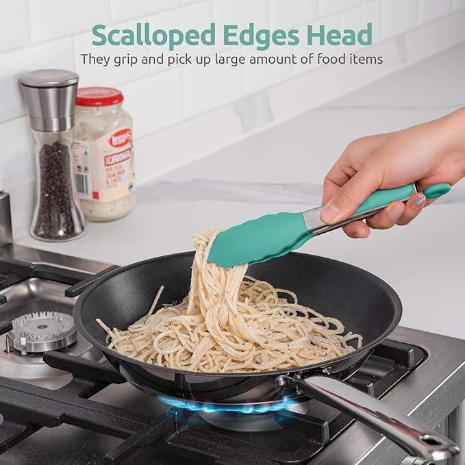600쨘F Heat Resistant Kitchen Tong: U-Taste 7in Silicone Cooking Tong with Firm Sealed Non Stick Rubber Tips & Silicon Coated 18/8 Stainless Steel Handle & Smooth Locking for Serving Salad (Aqua Sky)