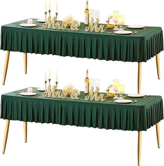 Wish Care 2 Pack Hunter Green Spandex Table Clothes for 6FT Rectangle Tables Wrinkle Free Stretch Fitted Tablecloths Ruffle Elastic Table Cover Skirt for Dining Outdoor Home Banquet Party Tablecloth