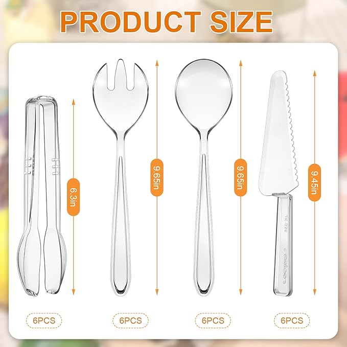 24 Pcs Disposable Plastic Serving Utensils Set 6 Each 9.7" Serving Spoons Forks 9.5" Knife and 6.3" Tongs for Christmas Family Gatherings Food Cake Birthday Party Buffet Cutlery(Clear)