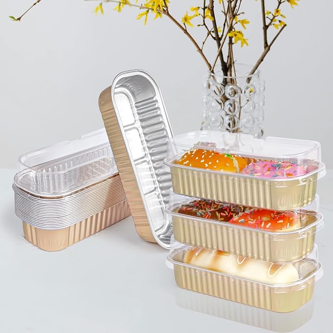 Fodofodo 20PCS Rectangle Mini Loaf Pans with Lids,Mini Cake Pans with Lids,Disposable Ramekins Baking Cups Muffin Tins Cupcake Cups for Wedding Party Birthday,6.8oz (Champagne)