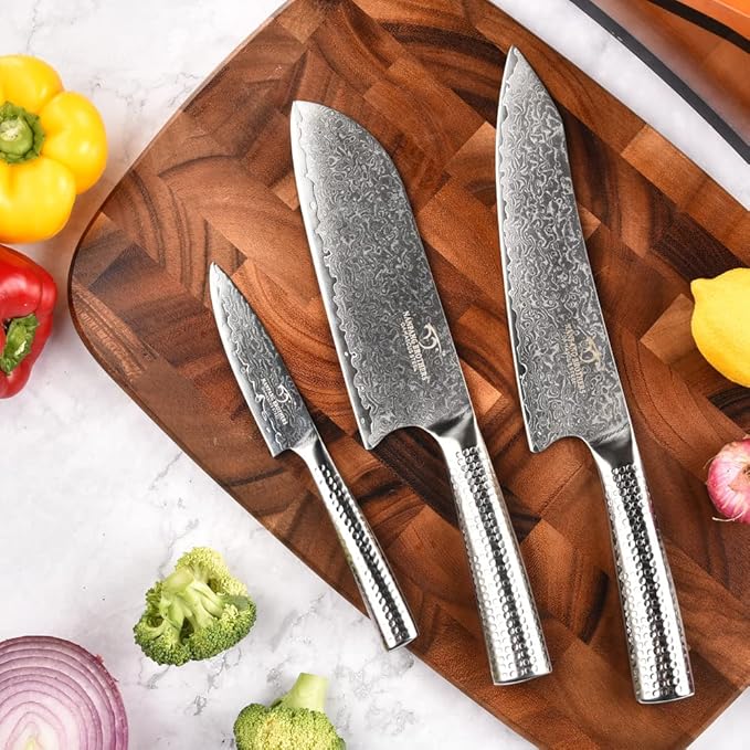 3 Pieces Damascus Kitchen Knife Set with 8??Chef Knife, 7??Santoku Knife, 3.5??Paring Knife, 67 Layer Handmade Damascus VG10 Steel Core, Hammered Ergonomic Handle (Gift Box)