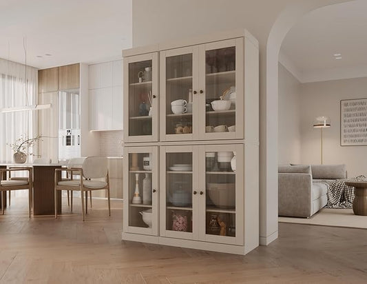 Palace Imports 100% Solid Wood 48.5" Pantry China Cabinet with Clear Glass Doors and Adjustable Shelves (Beige)