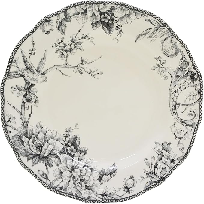 222 Fifth Adelaide 16-Piece Casual Grey Porcelain Dinnerware Set ??Service for 4, Classic Toile Bird & Floral Design, Microwave & Dishwasher Safe, for Everyday Dining & Entertainment
