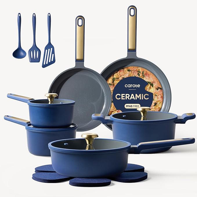 CAROTE Ceramic Cookwar Set, Pots and Pan Set Non Stick 18 Piece, Cookware Set Kitchen Cooking Set Non Toxic, PFAS PTFE Free, Blue