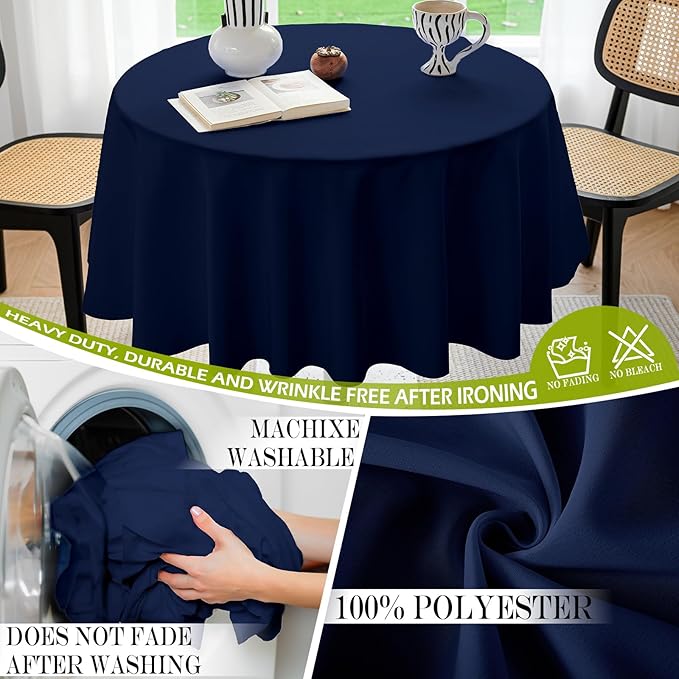 BYDOLL Table Cloth 48 Inch Round Tablecloth Fits Max38 Inch Diameter Table Top,Navy Blue Polyester Washable Wrinkle-Free Spillproof Tablecloth for Party Patio Cover