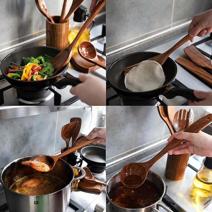 Wooden Utensil Set 8 Pcs ??Sturdy & Easy to Clean, Natural Teak Wooden Spoons for Cooking ??Non-Scratch Cooking Utensils with Spatula, Turner, Ladle, Spoons, Skimmer, Holder, Spoon Rest & 6 Hooks