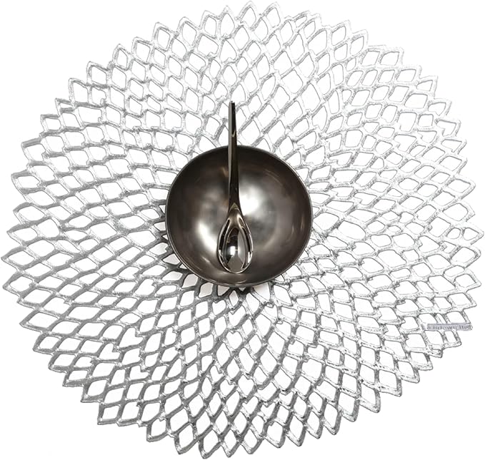 Chilewich Set of 8 - Pressed Dahlia Placemats in Silver - Easy Care Openwork Table Mats - Indoor/Outdoor - 15.25'' x 14.25'' Round Chargers