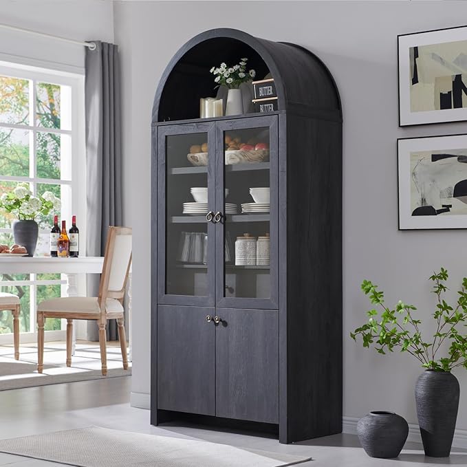 71" Tall Arched Kitchen Pantry Cabinet, Modern Farmhouse Kitchen Storage Cabinets with Open & Adjustable Shelves, Hidden Drawer & Glass Door, Versatile Cupboard for Kitchens, Dining Room, Grey