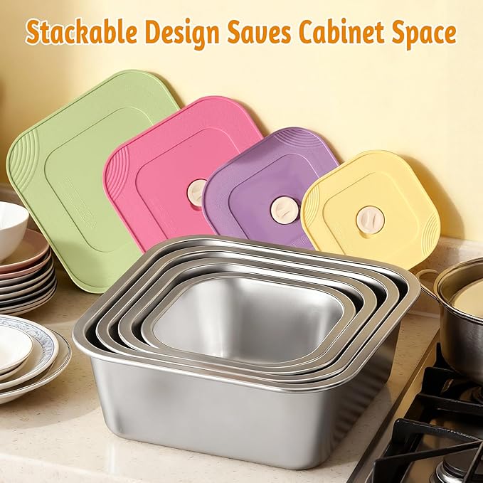 4-Piece Stainless Steel Snack & Lunch Box with Lids Set, Stackable Metal Food Storage Containers with Lids, Airtight Leakproof Lunch Containers , Dishwasher Safe Bento Box(Size 4.5", 5.5", 6.3", 7")