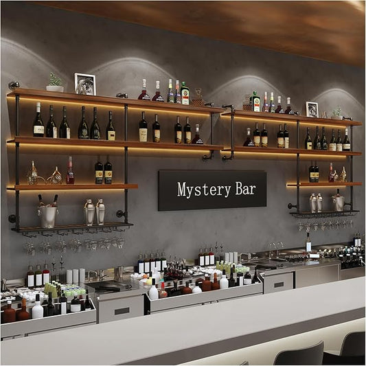 157in Large Wine Rack with LED Light, 4 Tiers Solid Wood Wall Mounted Wine Rack, Industrial Liquor Bottles Floating Shelves with Glass Holder for Home Bar/Dining Room (157.4in/400cm)