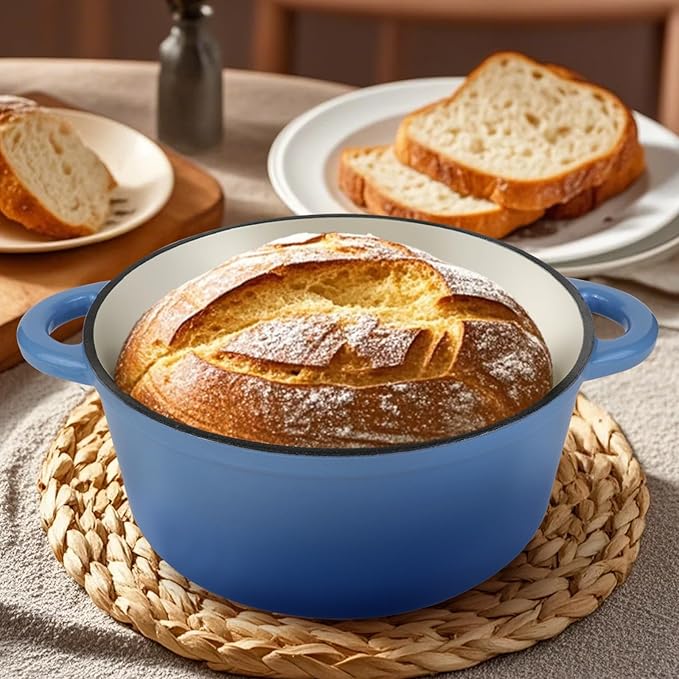 6 Quart Enameled Cast Iron Dutch Oven Pot with Lid and Silicone Accessories, Oven Safe up to 500째F or on Stovetop, Non-stick Dutch Oven for Bread Baking, Cooking, Dual Handles Cookware, Light Blue