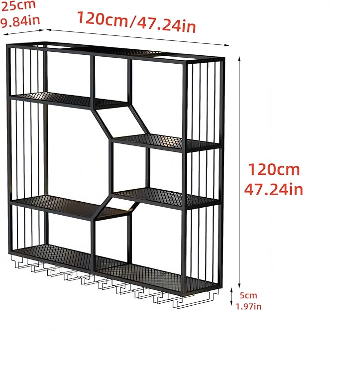 47 Inch Metal Wall-Mounted Wine Rack & Liquor Shelf, 5-Tier Large Bar Shelves for Liquor Bottles with Glass Holder, Alcohol Shelf for Home Bar & Dining Room, Black(Right, No Lights)