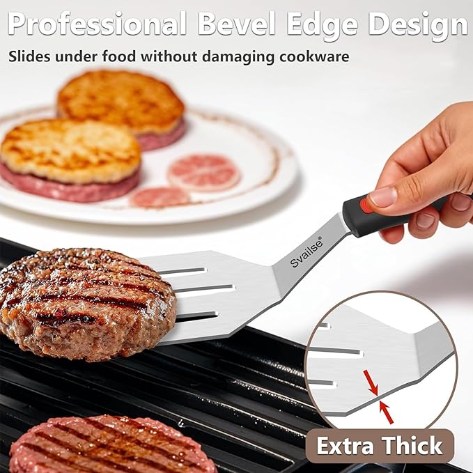 2Pcs Stainless Steel Spatula Set, Metal Turners for Kitchen Use, Metal Cooking Utensils for Cast Iron Skillet with Silicone Handle, Spatula Flipper for Frying Egg, Brownie, Cookies or Pancake