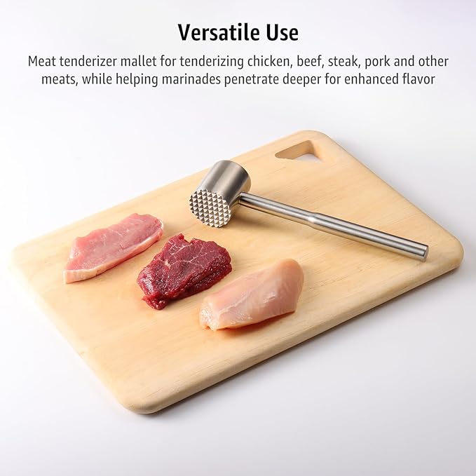 Stainless-Steel Meat Tenderizer Mallet - Meat Tenderizer Tool for Pounder Chicken, Beef, Steak, Pork, Dual-Sided with Ergonomic Handle, Kitchen Gadgets and Essentials Cooking Accessories