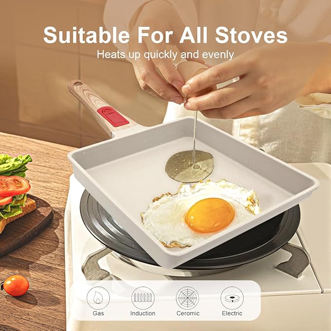 Nonstick Tamagoyaki Pan Large, Japanese Omelette Square Egg Pan Nonstick, Detachable Handle, PFAS & PFOA-Free, Oven Safe, 9" x 8.2"