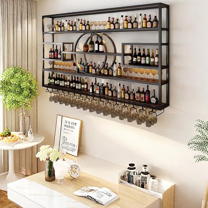 47in Modern Wine Rack Wall Mounted, Metal Wall Bar Shelves for Liquor Bottles with Glass Holder, Multifunctional Wood Bar Shelves Wall Mounted for Home Bar, Dining Room & Kitchen, Black