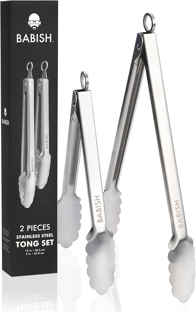 Babish 2-Piece Locking Kitchen Tongs Set ??12??& 9??Stainless Steel Cooking Tongs with Non-Slip Grip ??Heavy-Duty BBQ, Grilling & Serving Tools