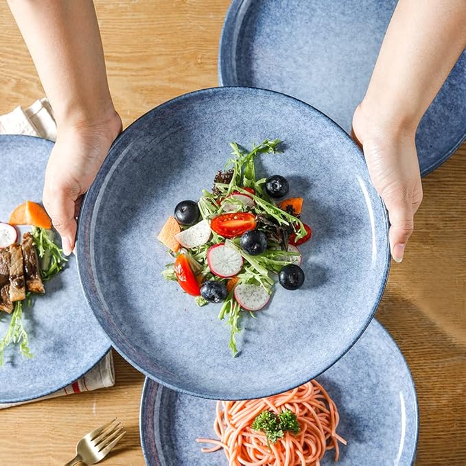 KOOV Ceramic Dinner Plates - Set of 6, 10.25 inch Reactive Glazed Blue Porcelain Plates for Salad, Pasta, Restaurant, Kitchen Serving Dish Set
