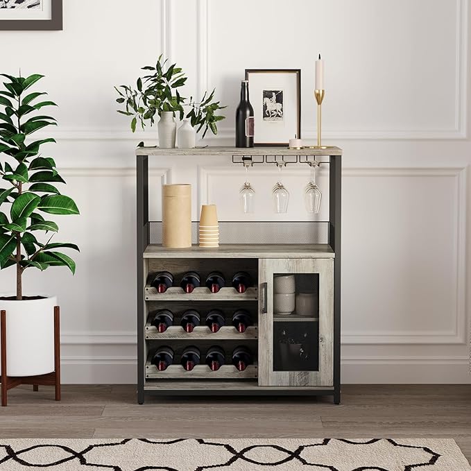 Vintage Industrial Wine Bar Cabinet with Adjustable Wine Racks and Glass Holders, Mesh Door Sideboard Storage Cabinet for Living Room, Kitchen, Dining Room, Compact Design, Easy Assembly,Gray