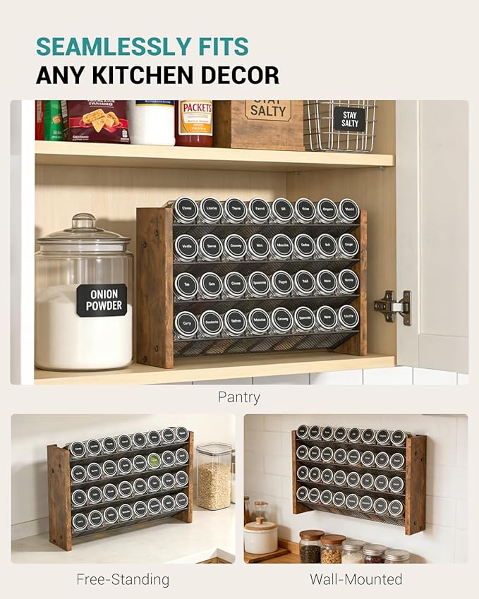 NESAPTO Spice Rack Organizer for Cabinet, Wooden 4 Tier Vertical Seasoning Organizers for Kitchen Pantry, Countertop/Wall Mount, Holds 32 Spice Jars (No Jars Included), 15.7" W 횞 9.4" H