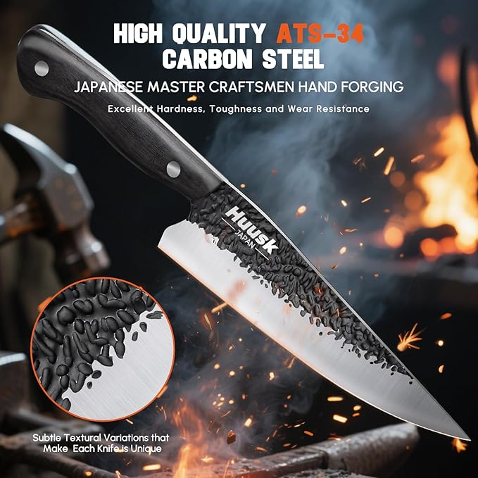 Huusk Japanese Chef Knife Set - Hand Forged Kitchen Knives for Meat Cutting - ATS-34 Carbon Steel Knives Set with Wooden Handle - Viking Cooking Knife Sets for BBQ Christmas Gift for Men and Women