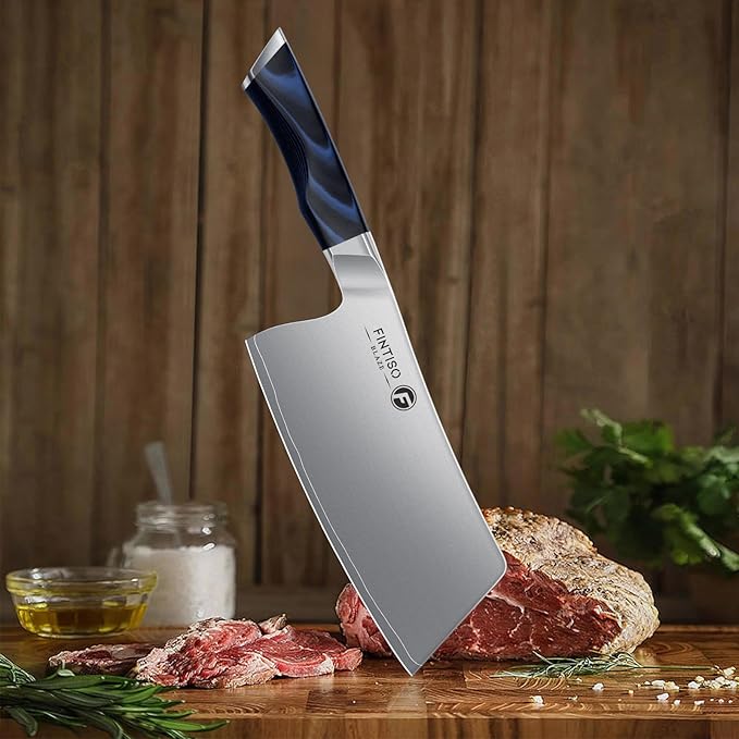 FINTISO Cleaver Knife 7 In, Kitchen Butcher Knife with G10 Ergonomic Handle, High Carbon Steel Vegetable Meat Cleaver, Heavy Duty Bone Chopper for Home and Restaurant