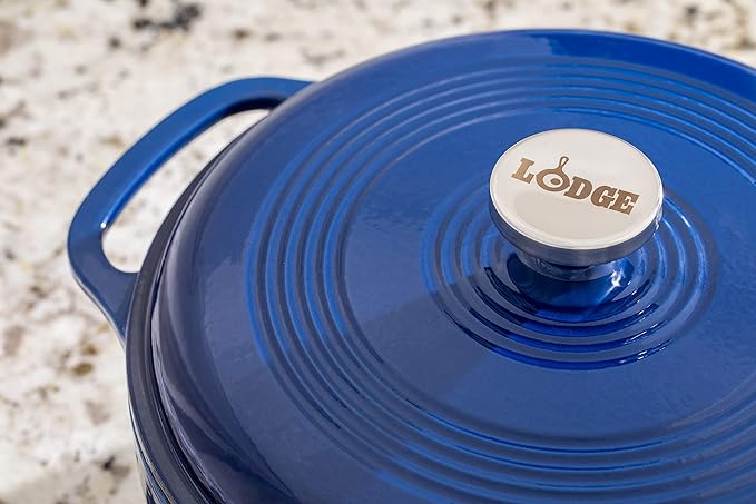 Lodge 6 Quart Enameled Cast Iron Dutch Oven with Lid ??Dual Handles ??Oven Safe up to 500째 F or on Stovetop - Use to Marinate, Cook, Bake, Refrigerate and Serve ??Indigo