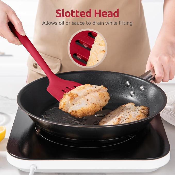 600쨘F Heat Resistant Silicone Turner: U-Taste 13.6in Long Solid & Slotted Thick Kitchen Spatula Flipper, Large Flexible Cooking Utensil for Flipping Egg, Pancake in Nonstick Cookware (Rose Red, 2PCS)