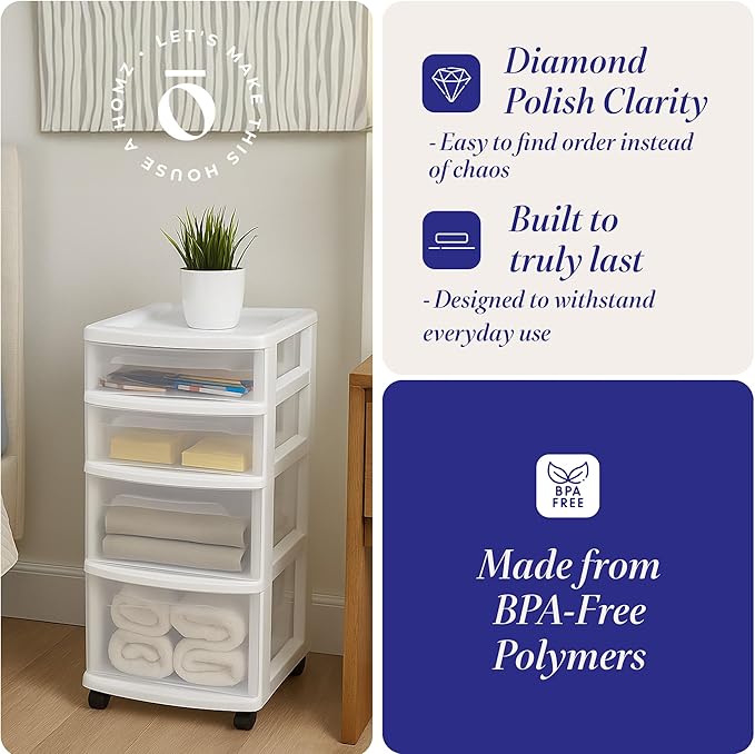 HOMZ Drawer Tower, 4-Tier Clear Plastic Storage Organizer Cart, White Frame ??Rolling Containers with Wheels for Bathroom, Bedroom, Office, and Classroom Organization