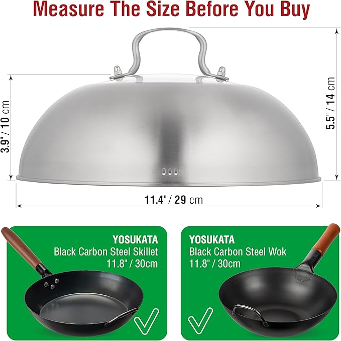 YOSUKATA Carbon Steel Wok Pan ??11,8 ??Woks and Stir Fry Pans + Wok Lid 11.4 In - Premium Stainless Wok Cover with Tempered Glass Insert Steam Holes and Ergonomic Handle