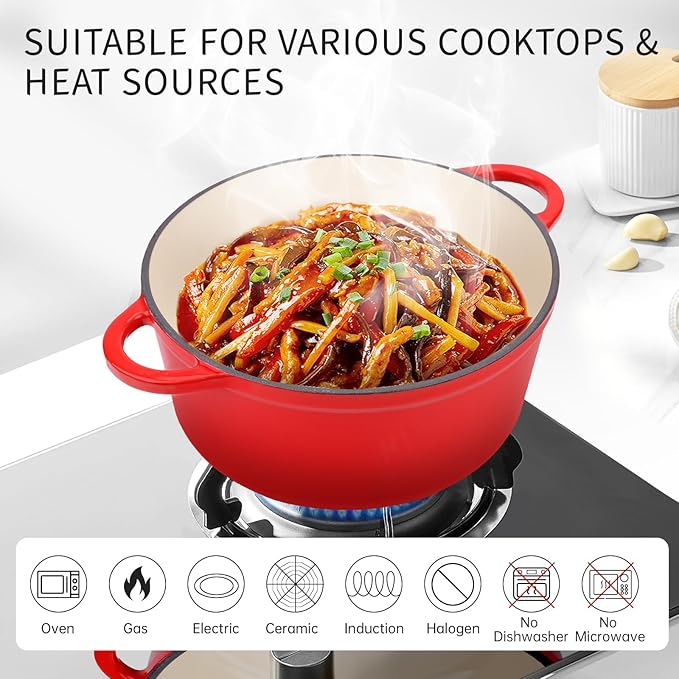6 Quart Enameled Cast Iron Dutch Oven Pot with Lid and Silicone Accessories, Oven Safe up to 500째F or on Stovetop, Non-stick Dutch Oven for Bread Baking, Cooking, Dual Handles Cookware, Red