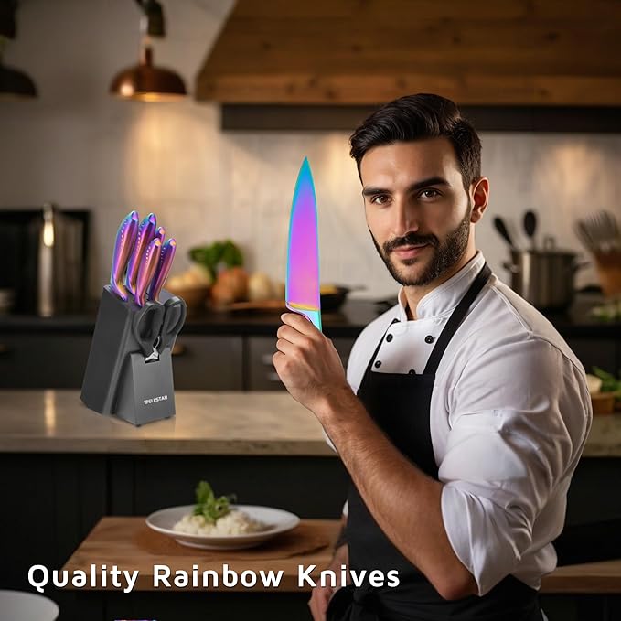 WELLSTAR Rainbow Knife Set 8 Pieces, Iridescent German Stainless Steel Kitchen Knives Set with Wooden Block, Colorful Titanium Coating, Chef?셲 Knife Block Set with Scissors and Built-in Sharpener