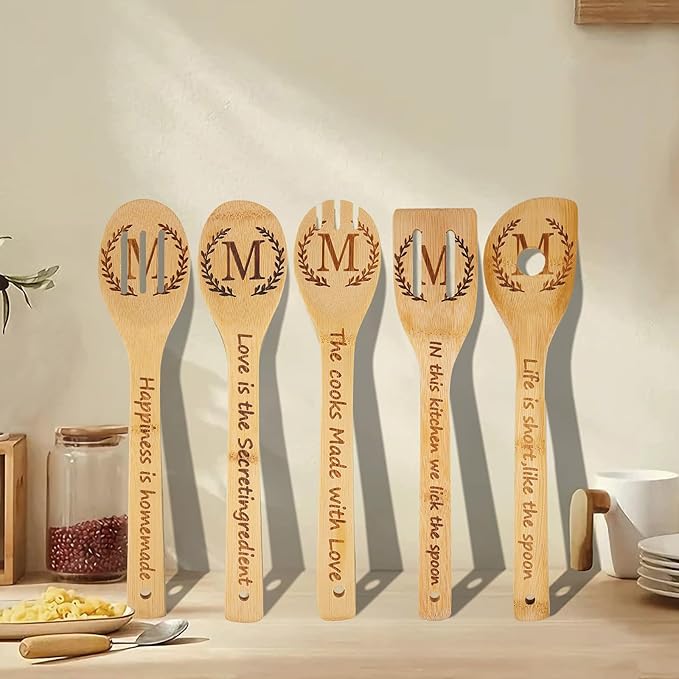 5PCS Initial Wooden Cooking Spoons Initial Letter Kitchen Decor Gifts Personalized Monogrammed Birthday Gifts for Women Mom Friend Housewarming Wedding Bamboo Cooking Spoons