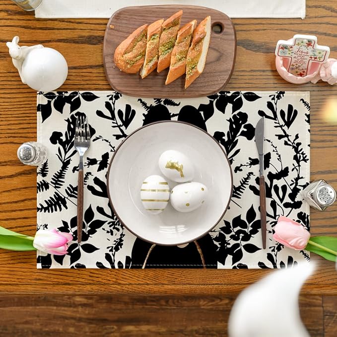 Artoid Mode Black Bunny Leaves Bow Easter Placemats Set of 4, 12x18 Inch Spring Table Mats for Outdoor Home Party Kitchen Dining Decor
