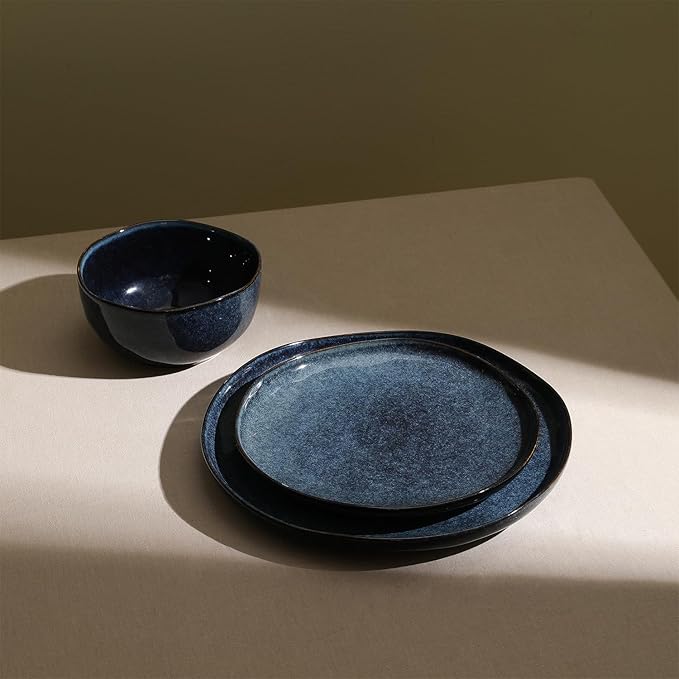 Stone + Lain Mirella 12-Piece Stoneware Dinnerware Set, Service for 4, Reactive Glaze, Deep Blue ??Includes Dinner Plates, Salad Plates, and Bowls ??Modern Artisanal Design