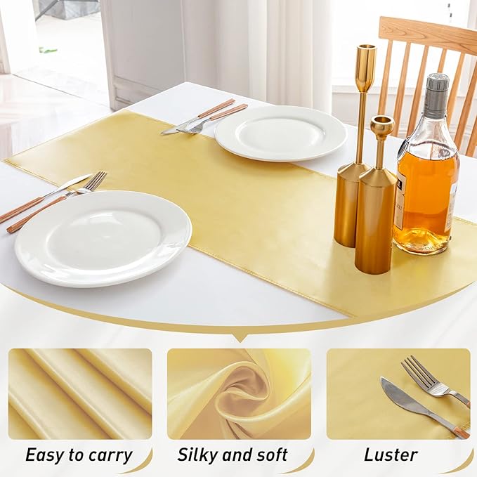 JEVIX 10 Pack Satin Table Runner 12 X 108 Inch Silk Table Runner for Party,Wedding, Birthday, Banquets,Decoration(Light Gold)