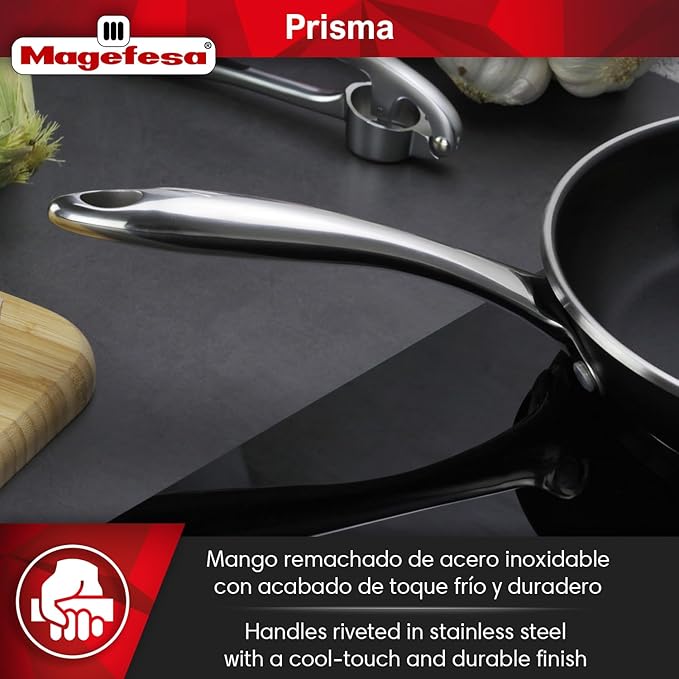 Magefesa Prisma 7.9-Inch Frying Pan, 18/10 Stainless Steel, Triple-Layer Nonstick, Works on All Stovetops Including Induction, Oven Safe to 392째F, Dishwasher Safe, Durable Skillet