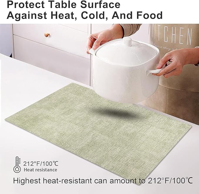 LANDVIEW Leather Heat Resistant Placemats Set of 6 Waterproof Wipeable Washable PU Table Mats,Easy to Clean Anti-Slip Place Mats (Light Green, 6)