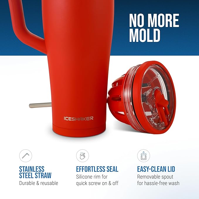 Ice Shaker 40 oz Tumbler with Handle and Straw | 40oz Red | Cold for 30+ Hours | 2-in-1 Tumbler Shaker Bottle | Odor-Free 40 ounce Bottle for Water, Protein Shakes, Smoothies, Cocktails