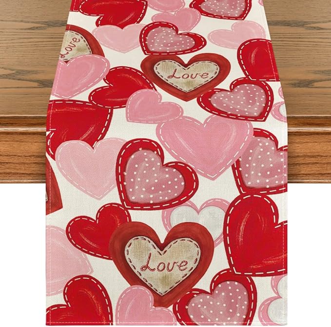 Artoid Mode White Pink Love Heart Valentine's Table Runner, HoliAnniversary Kitchen Dining Table Decoration for Home Party Decor 13x48 Inch