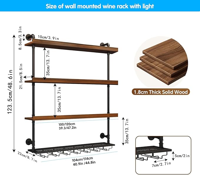 Wall Mounted Wine Rack with LED Light, 4 Tiers Large Wine Rack with Wine Glass Holder. lron & Wood Liquor Bottles Floating Shelves Display Storage for Bar, Kitchen, Cafe (Walnut, 80cm/32in)